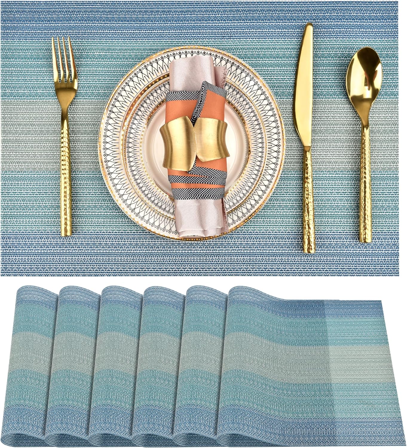 Placemats Set of 6 - Easy Clean Washable Vinyl Placemats - Wipeable Heat Resistant Table Mats for Dining Table - 17.7x11.8 Inch (6, Blue Gradient)