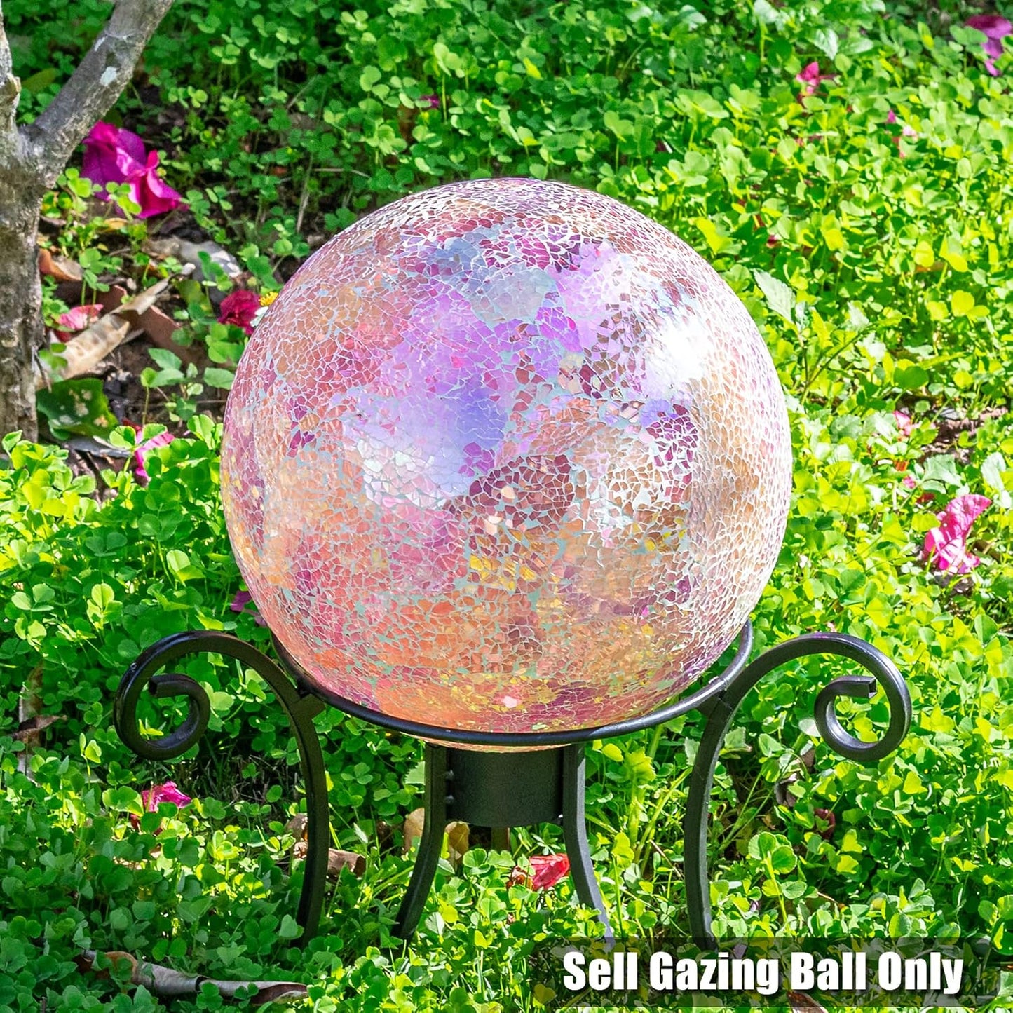 VCUTEKA Gazing Ball, Iridescent Crackled Glass Mosaic Gazing Balls Sphere for Garden Lawn Outdoor Ornament Yard Decorative, 10-Inch, Pink