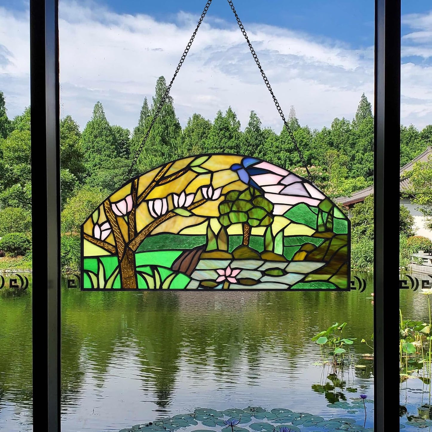 YOURANJU Half Moon Stained Glass Window Hanging Tiffany Style 16" x 8" Half-Round Window Panel Housewarming Gift Living Room Bedroom Kitchen Window Decorative Hangings with Chain (Tree)