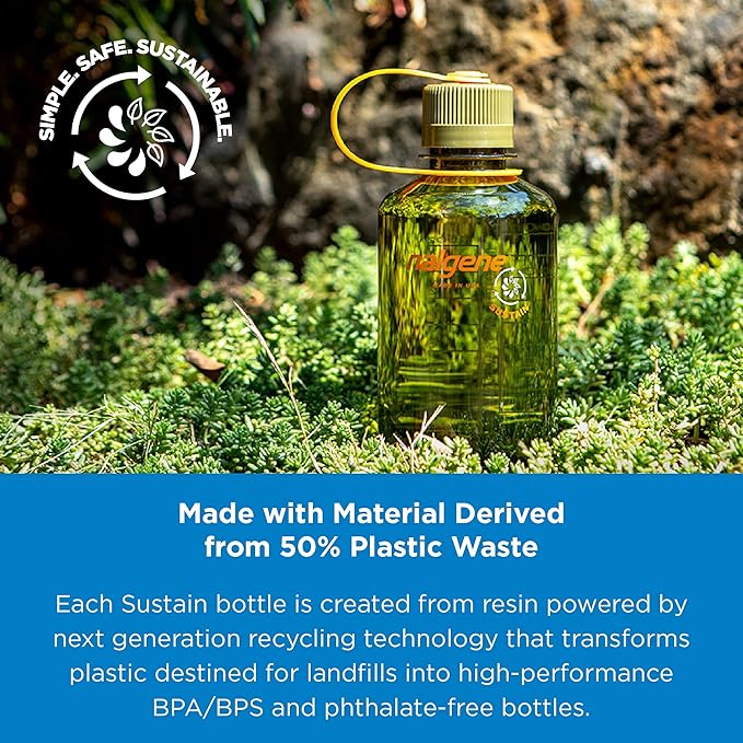 Nalgene Sustain Tritan BPA-Free Water Bottle Made with Material Derived from 50% Plastic Waste, 16 OZ, Narrow Mouth