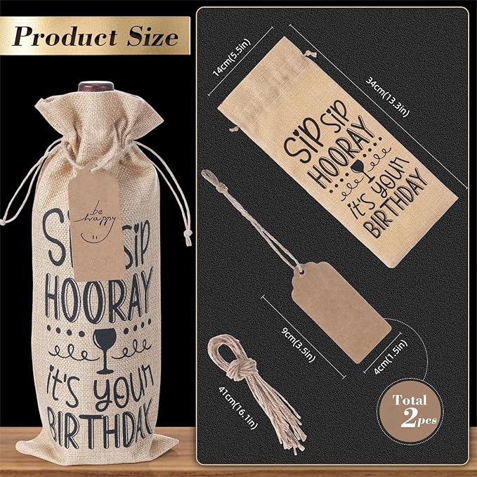SIRIPHUM Burlap Wine Bags,2PCS Birthday Wine Bottle Gift Bags,Drawstring,Gift Tags,Bottle Cover Tabletop Birthday Party Decor (“Sip Sip Hooray”-Natural)