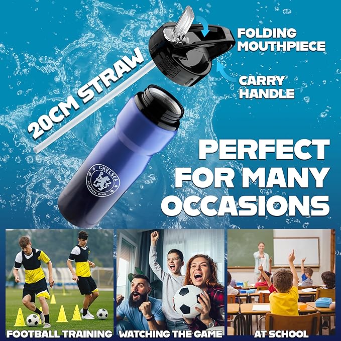 Chelsea FC Water Bottle with Straw - Metal Water Bottle for Soccer Fans Sports Work Gym Gifts for Men