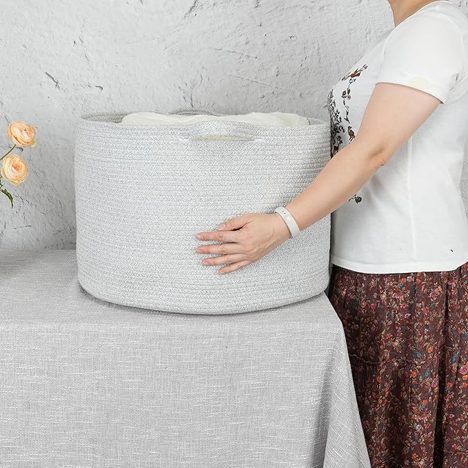 Large Cotton Rope Basket Blankets Basket Living Room 22"x14" Toy Basket for Kids and Dogs Rope Storage Basket for Nursery Woven Laundry Basket for Clothes Towels Baby Toy Storage round grey