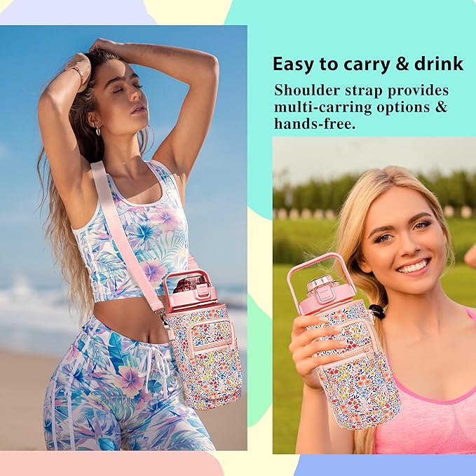 64 oz Water Bottle with Straw Sleeve & Strap Motivational Half Gallon Water Jug with Handle for Gym Women Men Aesthetic Water Bottle with Strap Floral