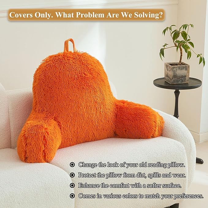 XeGe Fluffy Back Support Pillow Cover for Bed (No Filler), Faux Fur Back Rest Pillow Case for Sitting in Bed, Furry Reading Pillow Cover with Arms Adults Kids, Fuzzy Sit Up Pillow Floor Chair, Orange