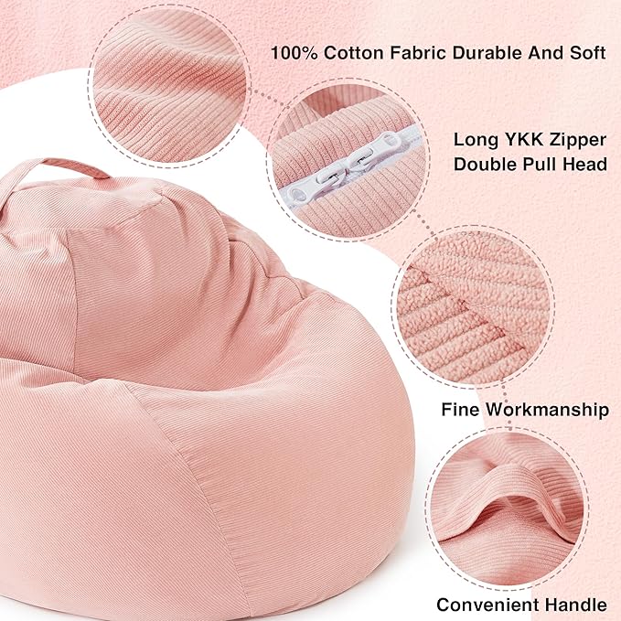 EXQ Home Stuffed Animal Storage Kids Bean Bag Chair Cover (No Filler) Washable Ultra Soft Corduroy Pink Bean Bag Cover for Organizing Plush Toys or Textile, Sack Bean Bag for Adults, Teens