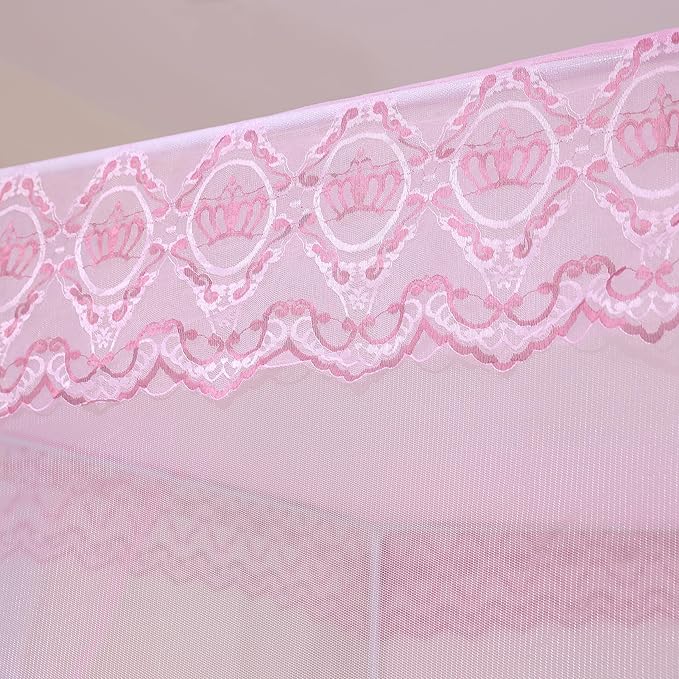 Bed Canopy, Princess Bed Curtain Net for Girls & Adults，Three-Doors Rectangle Lace Dome Netting (Baby Pink, King)