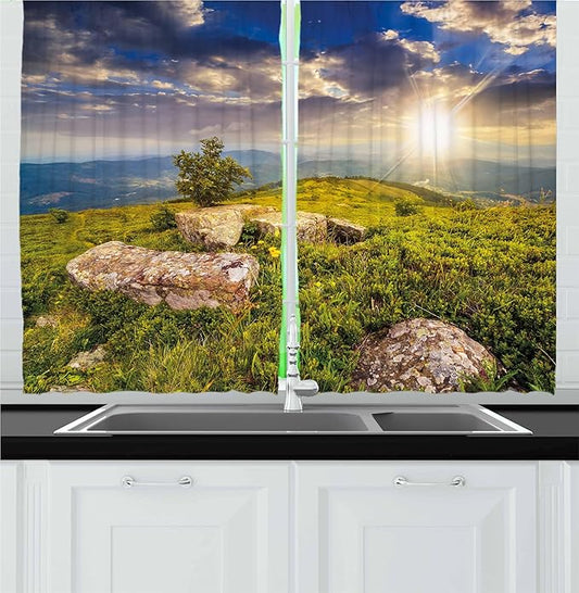 Ambesonne Mountain Kitchen Curtains, Small Tree Behind Boulders Hillside Grass Greenery Meadow Scenic Dramatic, Window Drapes 2 Panel Set for Kitchen Cafe Decor, 55" x 24", Mustard Green