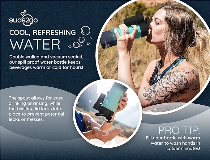 Portable Stainless Steel Water Bottle and Hand Wash System (20oz) - Double Walled and Vacuum Sealed with Leakproof Lid- Lightweight Design for Camping, Sports and Travel