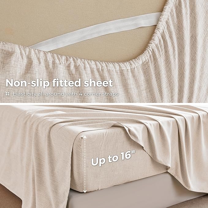 Queen Sheets Brown, Ultral Soft Cationic Linen Look Sheets, Luxury Cooling Cozy Bed Sheet Set with Non-Slip Fitted Sheet