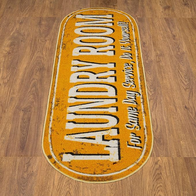 Ottomanson Laundry Collection Non-Slip Rubberback Laundry Text Design 2x5 Laundry Room Runner Rug, 20" x 59" Oval, Orange