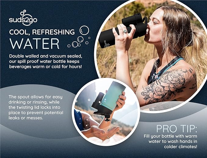 Portable Stainless Steel Water Bottle and Hand Wash System (20oz) - Double Walled and Vacuum Sealed with Leakproof Lid- Lightweight Design for Camping, Sports and Travel