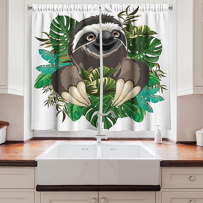 Ambesonne Sloth Long Kitchen Curtains, Cartoon Mammal on Tropical Jungle with Green Banana Leaves Character, Two Panels Drapes with Rod Pocket Room Decor, 55" x 45", Chocolate Ivory