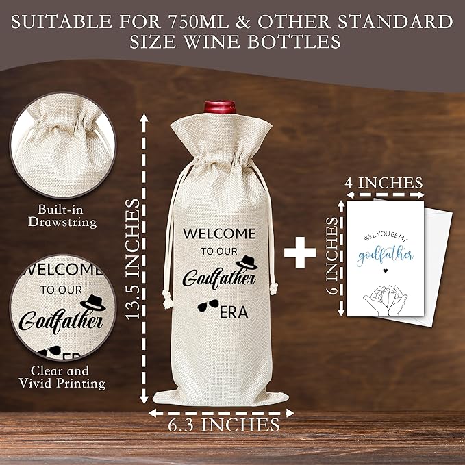 Godfather Gifts Wine Bag & Card, Godfather Proposal Gifts, Wine Bag For God Father, Welcome To Our Godfather Era Wine Bag For Baby Shower Baby Announcement Baptism, Will You Be My Godfather Gifts -01