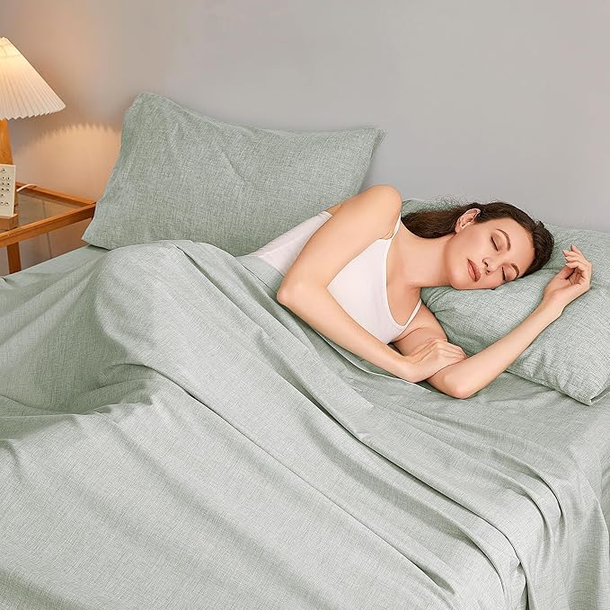 Full Sheets Sage Green, Ultral Soft Cationic Linen Look Sheets, Luxury Cooling Cozy Bed Sheet Set with Non-Slip Fitted Sheet