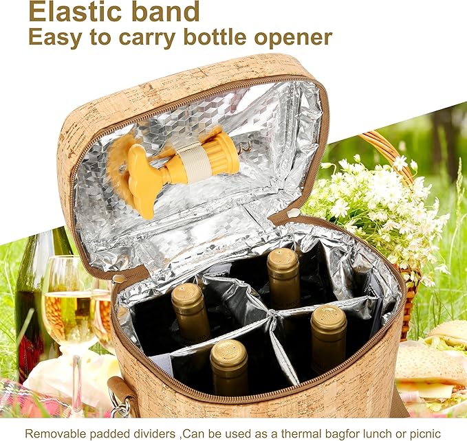 Insulated Wine Bag, Cork 4 Bottles Wine Gift Bags, Cooler Carrier Tote Bag for Travel Party Beach Wedding Reusable & Recyclable