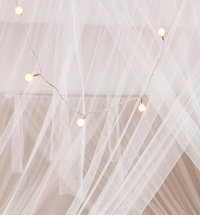 Mengersi Bed Canopy with Lights,4 Corner Post Bed Drapes Canopy for Bed,Canopy Bed Curtains Elegant Bedroom Decoration Accessories