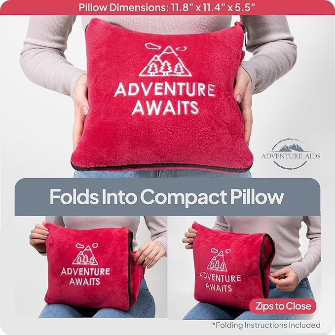 Travel Pillow & Blanket Set - Super Soft 2 in 1 Blankets with Cozy Hand & Feet Pouches Zip into Plush Pillows - Large Size Wraps You in Warmth on Airplanes - Luggage Sleeve & Backpack Clip (Teal/Red)
