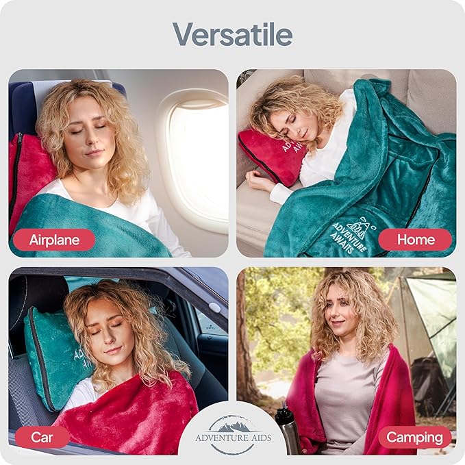 Travel Pillow & Blanket Set - Super Soft 2 in 1 Blankets with Cozy Hand & Feet Pouches Zip into Plush Pillows - Large Size Wraps You in Warmth on Airplanes - Luggage Sleeve & Backpack Clip (Teal/Red)