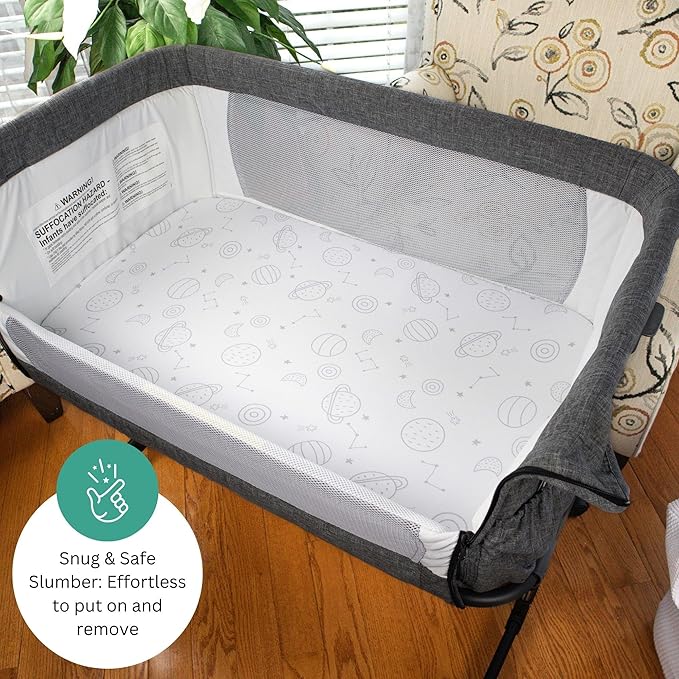 Bassinet Sheets for Maxi-Cosi Iora, Papablic 2 in 1 Bonni, Cowiewie Baby Bassinet Bedside Sleeper, 3 Pack, 33x20 Inch, Ultra Soft, Breathable Snug Fit, Unisex Boys Girls, Gray White (Space Rockets)