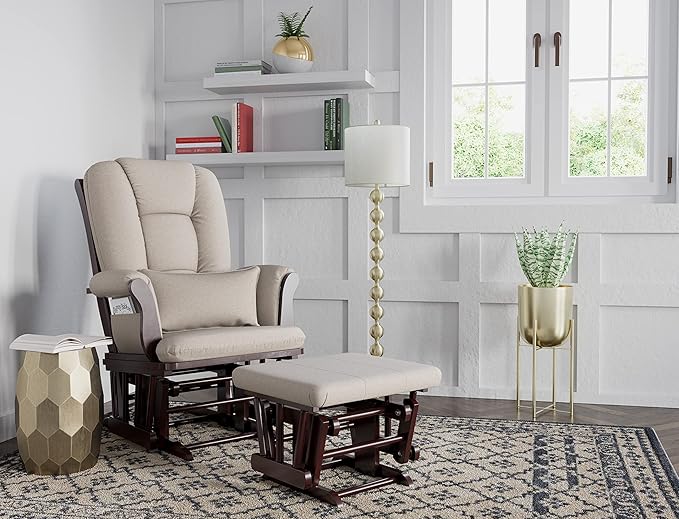 Storkcraft Tuscany Custom Glider and Ottoman with Free Lumbar Pillow (Espresso/Taupe Swirl) - Cleanable Upholstered Comfort Rocking Nursery Chair with Ottoman