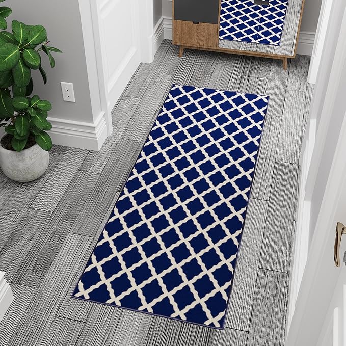 Ottomanson Glamour Collection Non-Slip Rubberback Moroccan Trellis Design 2x6 Indoor Runner Rug, 2'2" x 6', Navy