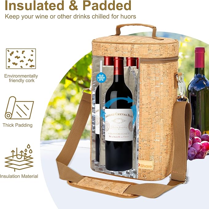 Insulated Wine Bag, Cork 4 Bottles Wine Gift Bags, Cooler Carrier Tote Bag for Travel Party Beach Wedding Reusable & Recyclable