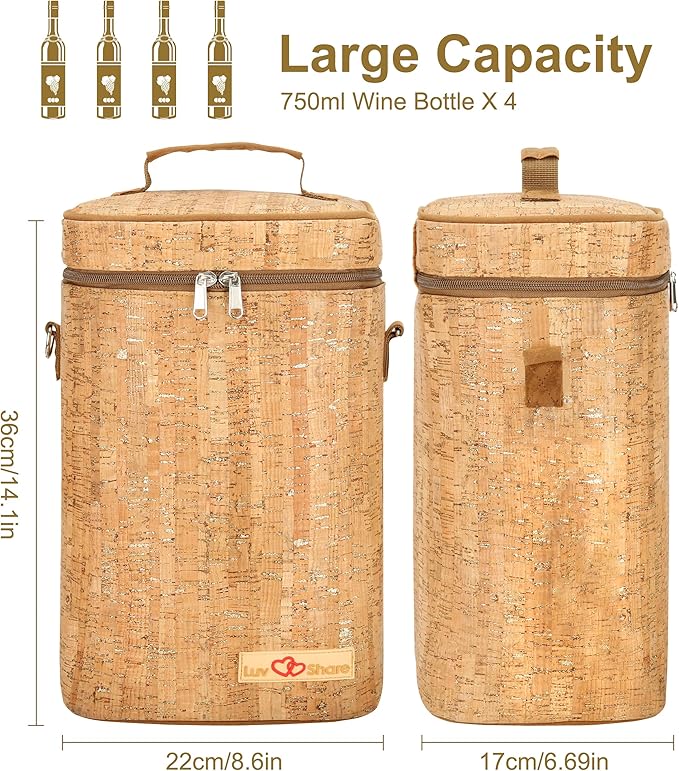 Insulated Wine Bag, Cork 4 Bottles Wine Gift Bags, Cooler Carrier Tote Bag for Travel Party Beach Wedding Reusable & Recyclable
