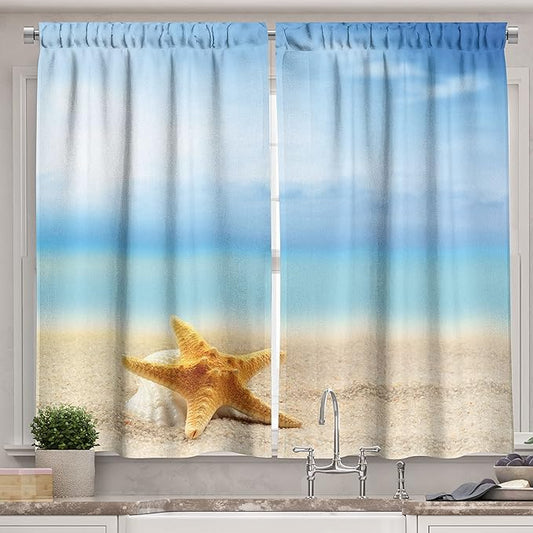 Ambesonne Starfish Kitchen Curtains, Scallop Seashell and Starfish Close up Sandy Beach Idyllic Ocean Backdrop Design, Window Drapes 2 Panel Set for Kitchen Cafe Decor, 55" x 39", Earth Yellow