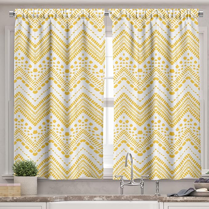 Ambesonne Yellow Chevron Valance & Tier Curtain 3 pcs Set, Hand Drawn Aztec Pattern Primitive Clan Motif with Dashed Lines Artwork, Window Treatments for Kitchen Room Decor, 55" x 36", Mustard White