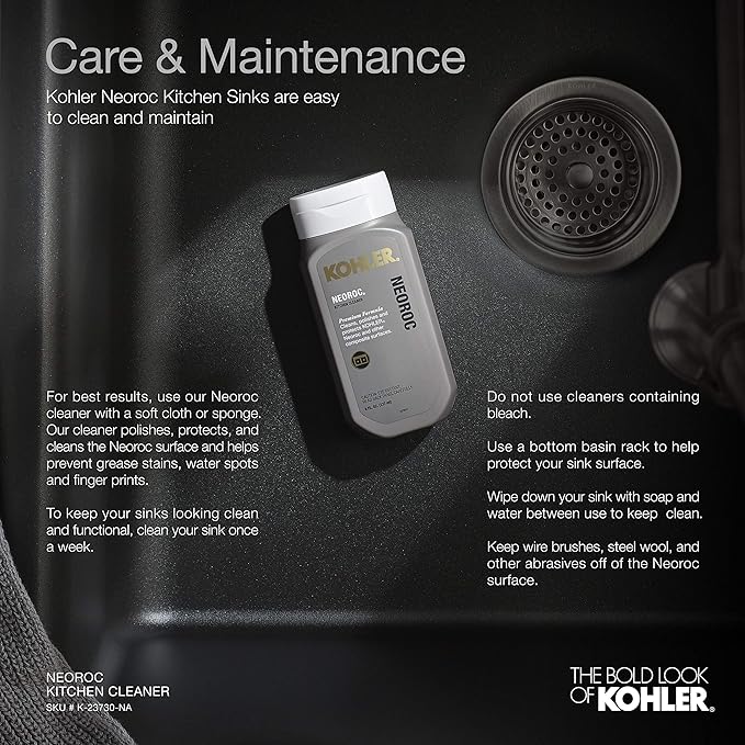 KOHLER K-28000-CM4 Cairn 27-1/2" Undermount Single-Bowl Kitchen Sink, Neoroc Composite Kitchen Sink with Sink Rack, Matte Grey