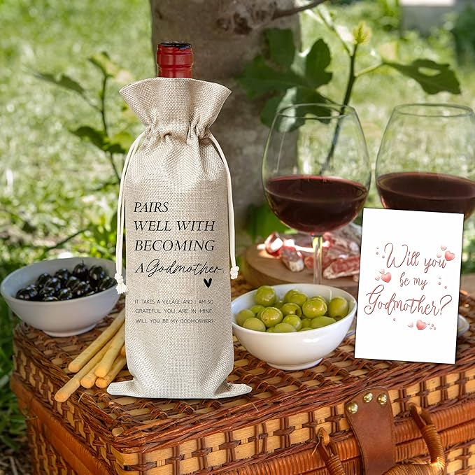 Xanev Godmother Wine Gift Bag For Women, Godmother Proposal Gifts, Pairs Well With Becoming Godmother Wine Bag, Baptism Gifts For Godmother From Godchild, Birthday Wine Party Favors Decor, B04