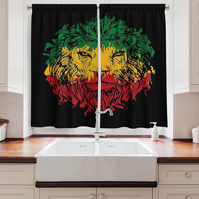 Ambesonne Rasta Kitchen Curtains, Ethiopian Flag Colors on Grunge Sketchy Lion Head with Black Backdrop, Window Drapes 2 Panel Set for Kitchen Cafe Decor, 55" x 39", Pale Lime Green
