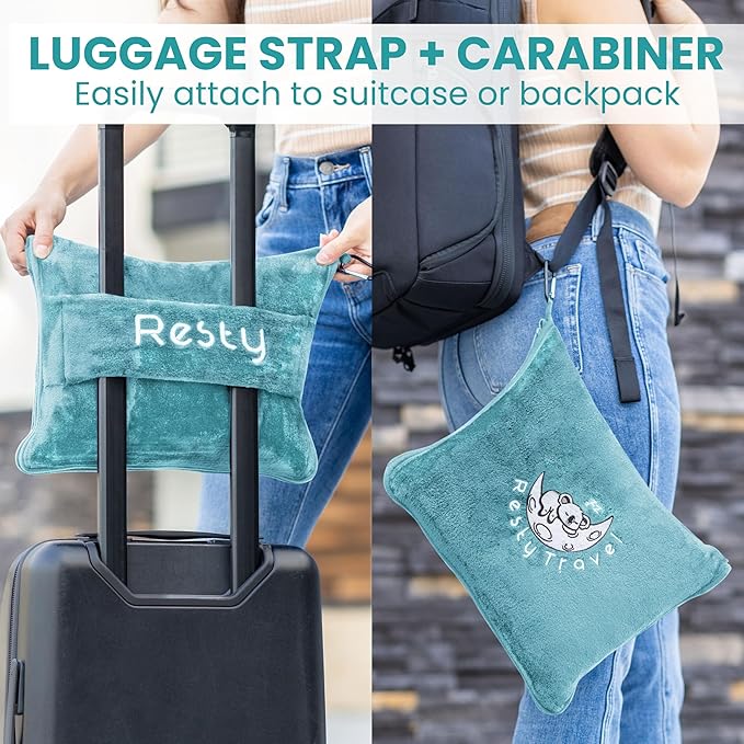 Resty Travel Blanket - Compact Airplane Blanket with Bag - Small and Lightweight Traveling Blanket & Pillow - Portable Blankets with Carabiner for Easy Transport - Plane Train Car (Baby Blue)