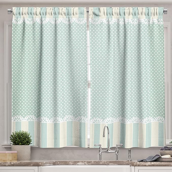 Ambesonne Shabby Flora Kitchen Curtains, Traditional Old Fashioned Vertical Stripes Ornaments and Dots, Window Drapes 2 Panel Set for Kitchen Cafe Decor, 55" x 39", Green White