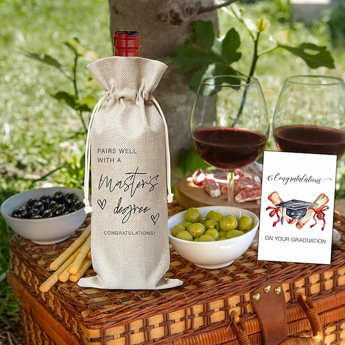 Xanev Masters Degree Graduation Gifts For Women Man, Graduation Drawstring Wine Gift Bag, Pairs Well With A Bachelor's Degree, Graduation Party Decoration Supplies Favors, B18