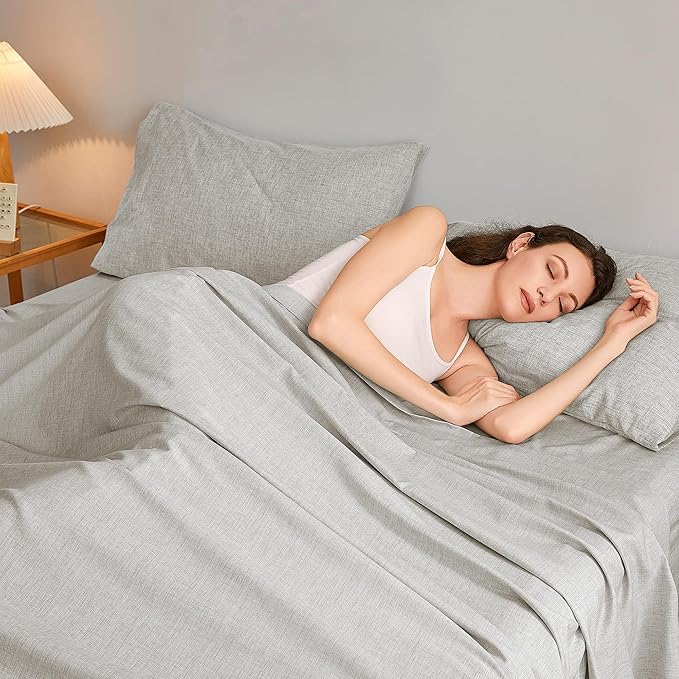 Queen Sheets Light Grey, Ultral Soft Cationic Linen Look Sheets, Luxury Cooling Cozy Bed Sheet Set with Non-Slip Fitted Sheet