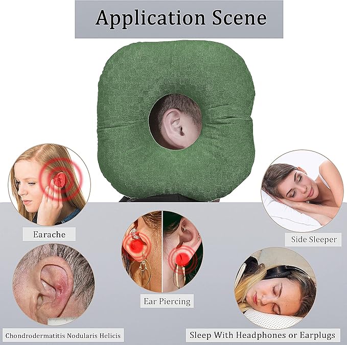 Ear Piercing Pillow for Side Sleepers, Pillow with an Ear Hole for CNH and Ear Pain Ear Inflammation Pressure Sores, O-Shaped Side Sleeping Pillow, Ear Guard Pillow(Dark Green)