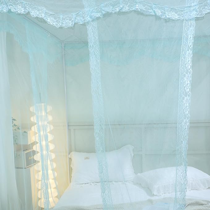 Bed Canopy, Princess Bed Curtain Net for Girls & Adults，Three-Doors Rectangle Lace Dome Netting (Green, King)