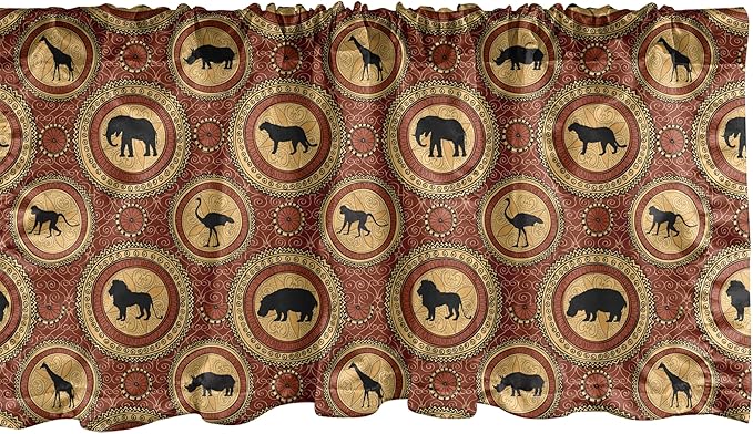 Ambesonne Savannah Window Valance, Medallion Pattern of Monkey Giraffe Lion African Inspired Ethnic Design, Curtain Valance for Kitchen Bedroom Decor with Rod Pocket, 42" x 18", Mustard and Brown