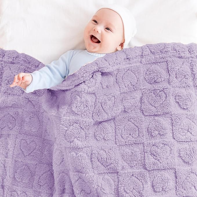 Fleece Baby Blanket Heart Checkered Blanket, Ultra Soft Cozy Baby Blankets for Girls Boys, Fluffy Infant Toddler Newborn Receiving Blankets for Crib Stroller 30”×40” (Purple)