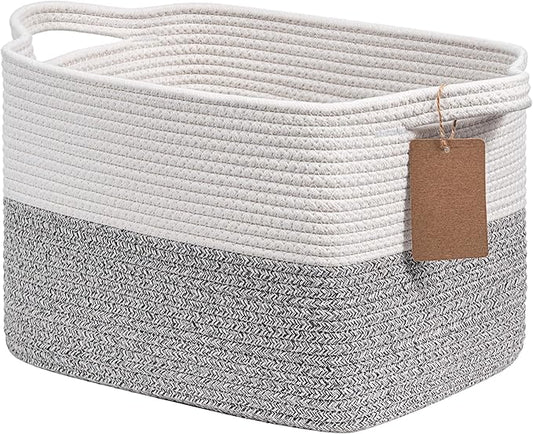 Goodpick Woven Storage Basket for Shelves, Small Laundry Basket for Cloth Towel Shoe, Empty Gift Basket with Handles, Grey and White Square Basket, 13 x 10 x 9 Inches