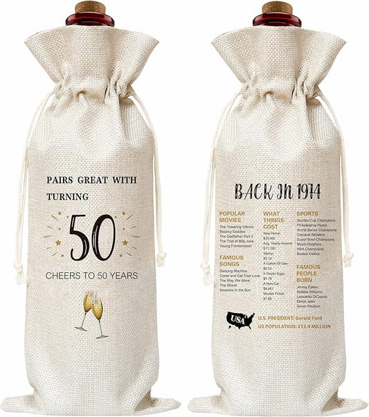 50th Birthday Wine Gift Bag, Cotton Burlap Wine Bags, 1974 Wine Bottle Cover Bag Birthday Gifts for Women, Men, Friends, Co-workers, Teachers, Mom, Dad, Antie, Uncle(05)