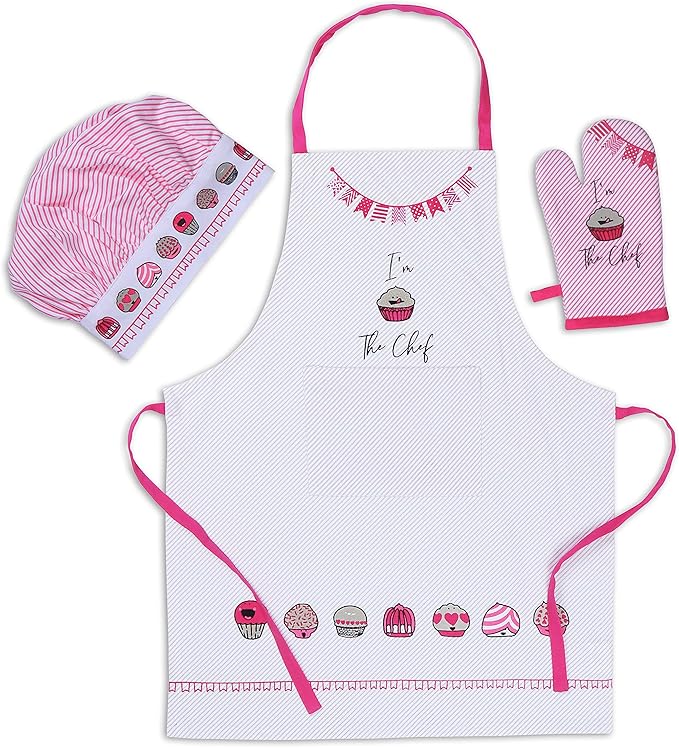 AMOUR INFINI Cupcakes Baking 5-Piece Kitchen Set | Cotton Women's Aprons and Oven Mitts,Kid's Aprons, Oven Mitts, and Chef Hats