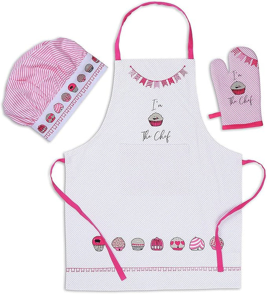 AMOUR INFINI Cupcakes Baking 3-Piece Kitchen Set Cotton Kid's Aprons, Oven Mitts, and Chef Hats Kitchen Play,Cooking,Grilling,Baking Gift for Girls, Boys & Junior Chefs Heat Resistant Reusable