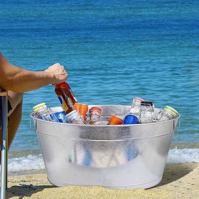 Large 6-Gallon Galvanized Tin Beverage Tub with Handle, Rust-Resistant Metal Beer Bucket for Ice, Drinks and Beer Bottles, Lightweight and Durable, 20x14x10 inches (Pack of 2)