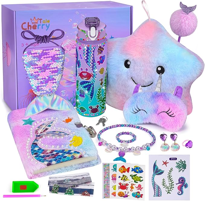 Cherry Tale Mermaid Gifts for Girls Age 5 6 7 8 9 10, Girls Mermaid Birthday Gifts Set with Light Up Star Pillow Diary Plush DIY Water Bottle Kits Christmas Presents Toys