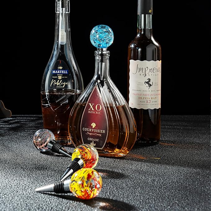 Murano Glass Wine Bottle Stopper with Blown Glass Art Deco Ball, Reusable Wine Stoppers for Beverage Saver Decorative Bottle Stoppers for Gifts, Bar, Holiday Party, Wedding, Pack of 1