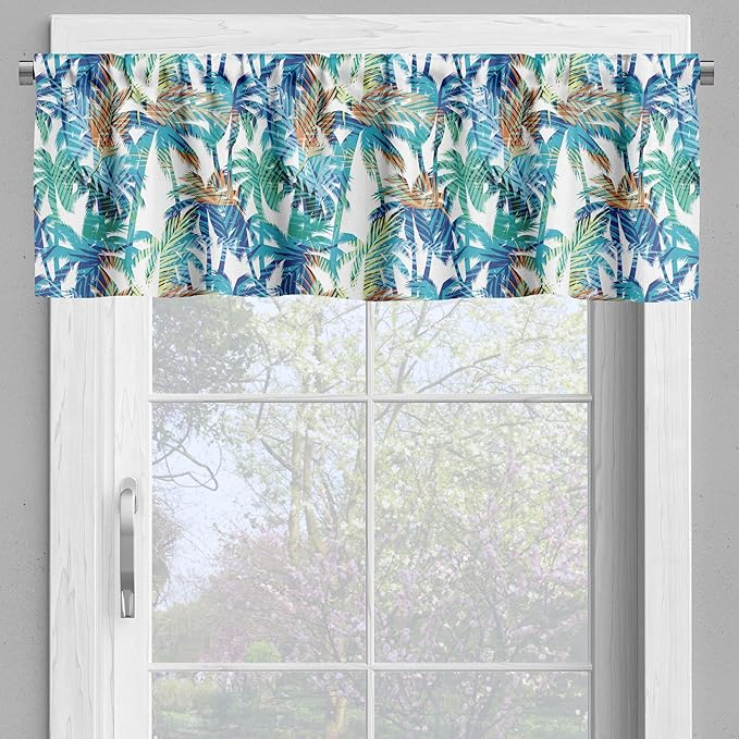 Ambesonne Palm Leaf Valance & Tier Curtain 3 pcs Set, Tropical Summer Print with Palm Abstract Nature Pattern Fantasy Dream, Window Treatments for Kitchen Room Decor, 55" x 30", Blue Mint Green Orange