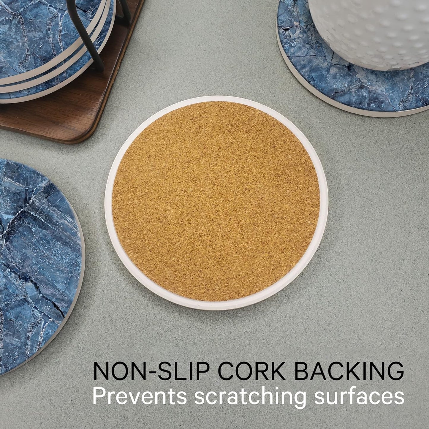 Emerson Coasters for Drinks Absorbent – Natural Stone Drink Coasters Set with Holder, Coasters for Coffee Table, Wooden Tabletop Protection Marble Style – 100% Heavy Duty Set of 6 (Mystic)